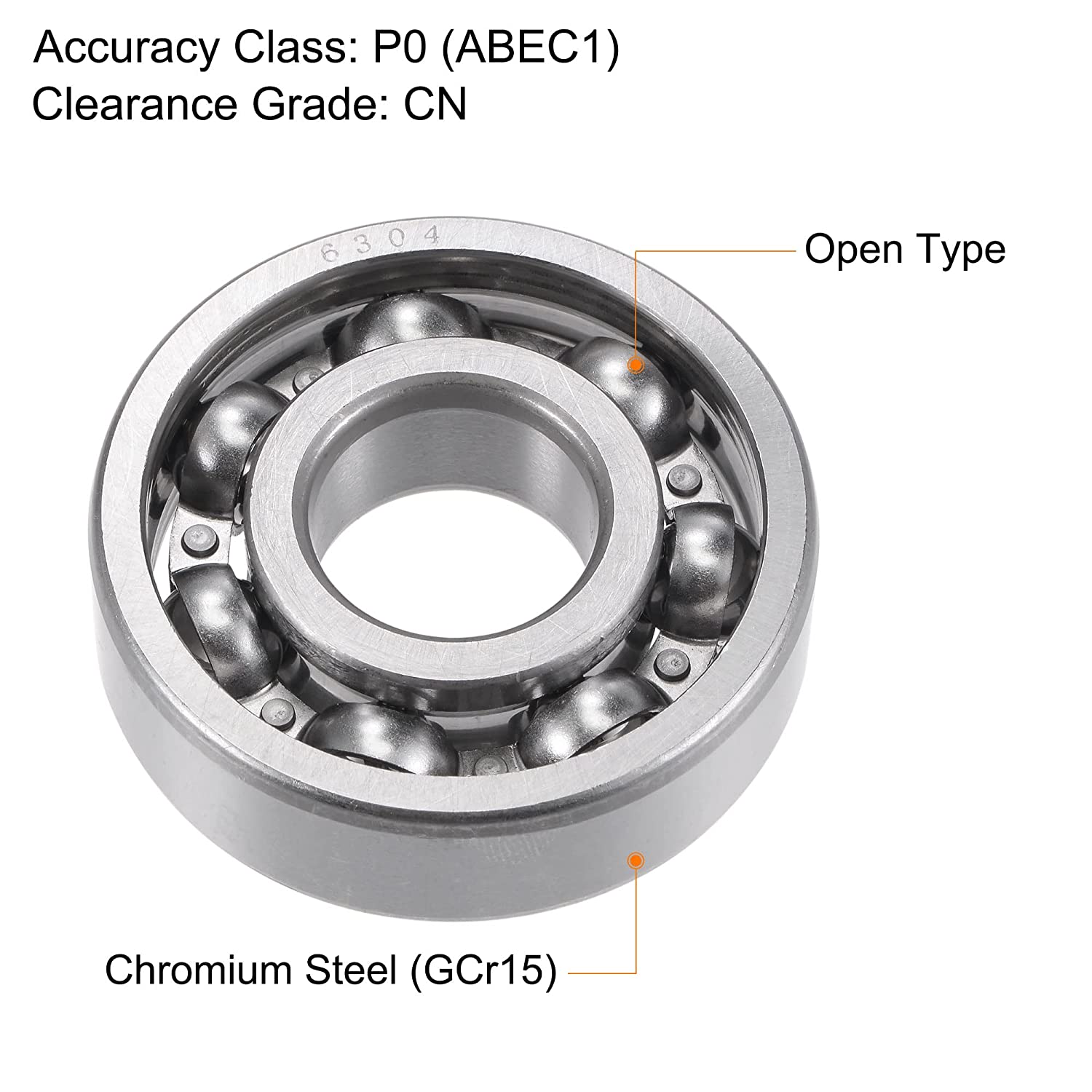 6304 Deep Groove Ball Bearings 20mm Bore 52mm OD 15mm Thick CN Open Type Chrome Steel